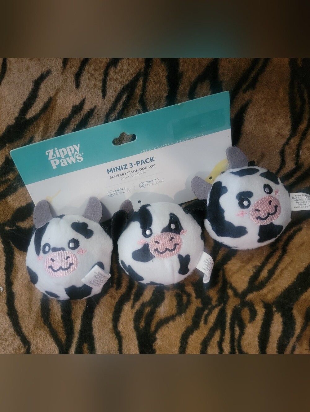 Zippy Paws Miniz 3-Pack Cow Squeaky Plush Dog Toys White & Black Xsmall New Ea.